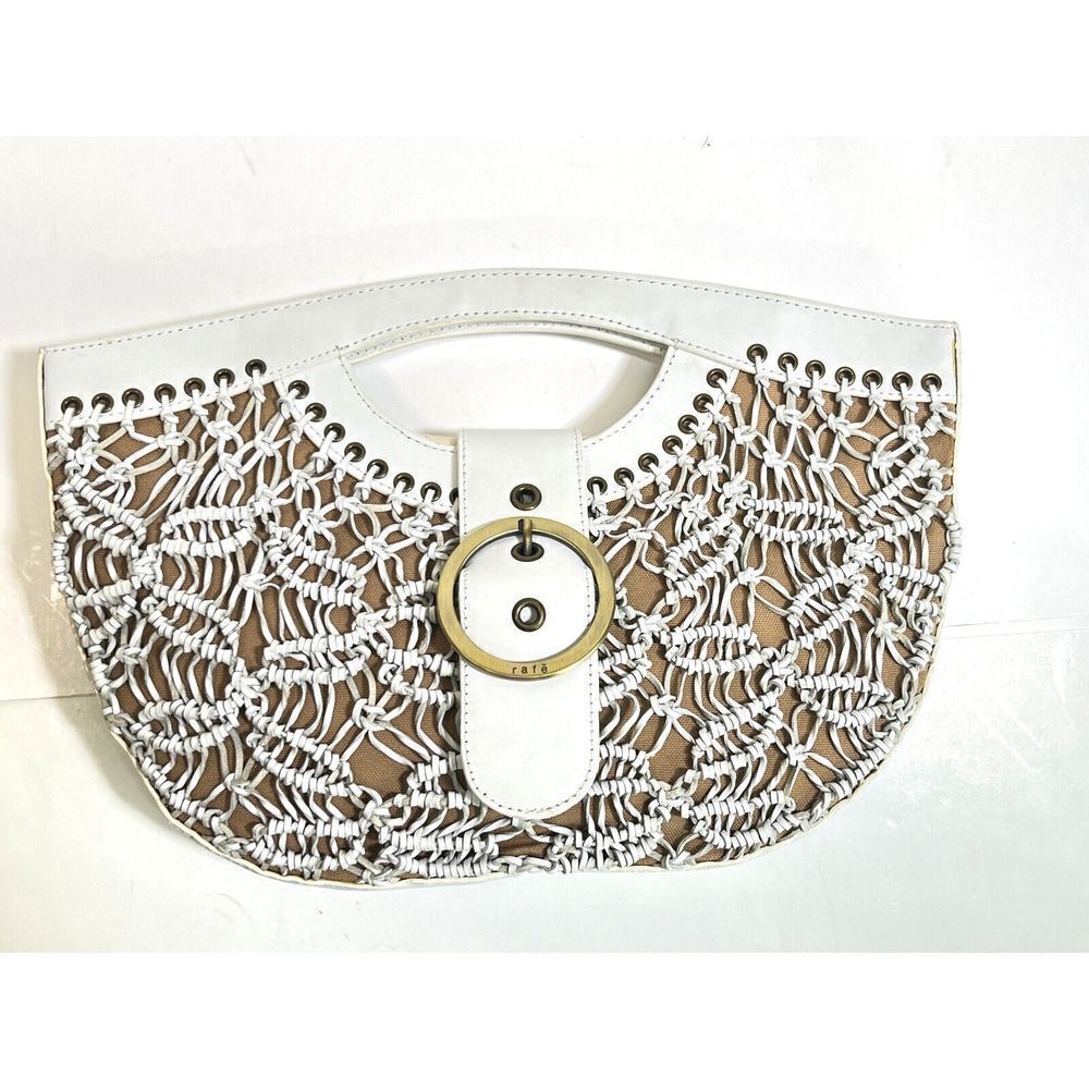 Rafē New York White Leather Nude Crochet Twist Buckle Handbag